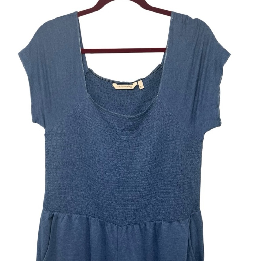 Soft Surroundings Sylvie Smocked Blue Jersey Knit Wide Leg Jumpsuit Womens Large - Picture 3 of 7
